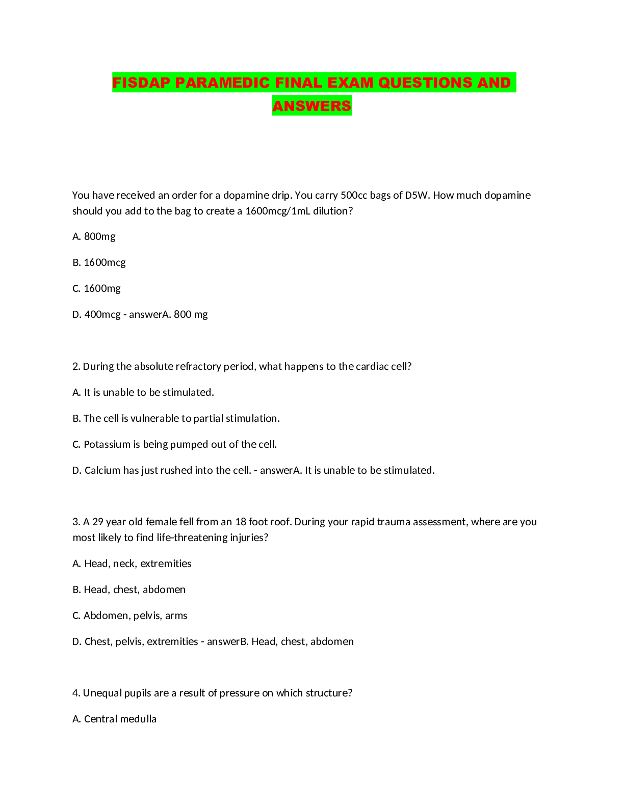 Preview image for FISDAP PARAMEDIC FINAL EXAM QUESTIONS AND ANSWERS
